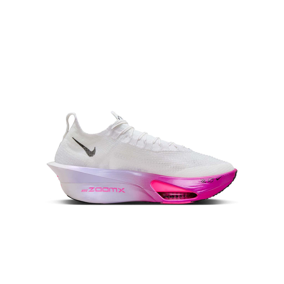 Medial side of the left shoe from a pair of Nike Men's Alphafly 3 Road Racing Shoes in the White/Black-Purple Agate-Vivid Grape colourway. (8472168497314)