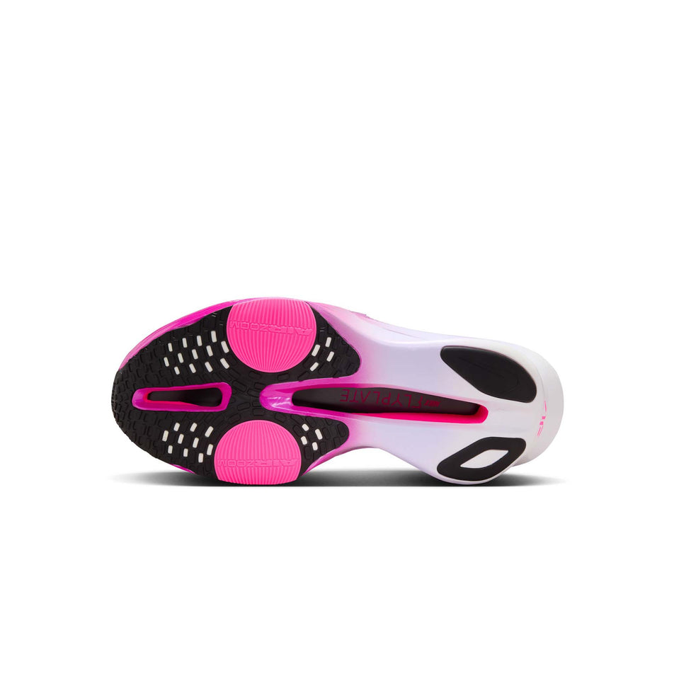 Outsole of the left shoe from a pair of Nike Men's Alphafly 3 Road Racing Shoes in the White/Black-Purple Agate-Vivid Grape colourway. (8472168497314)