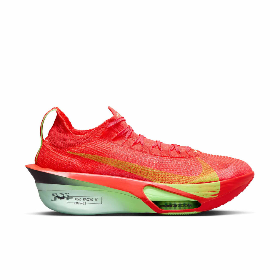 Lateral view of the right shoe from a pair of Nike Men's Alphafly 3 Road Racing Shoes in the Bright Crimson/Cave Purple-Lime Blast colourway. (8574654906530)