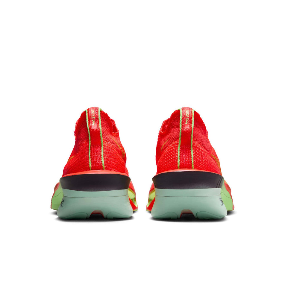 The back of a pair of Nike Men's Alphafly 3 Road Racing Shoes in the Bright Crimson/Cave Purple-Lime Blast colourway. (8574654906530)