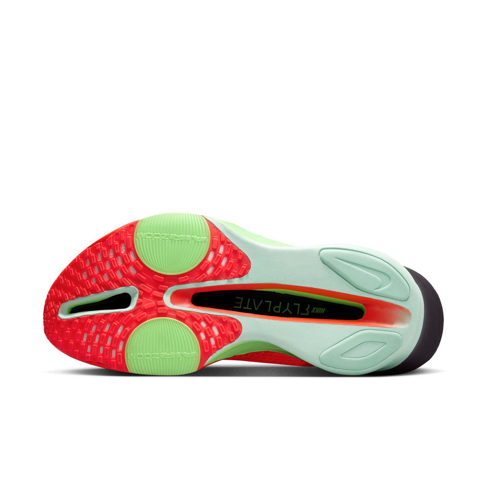 The outsole of the left shoe from a pair of Nike Men's Alphafly 3 Road Racing Shoes in the Bright Crimson/Cave Purple-Lime Blast colourway. (8574654906530)