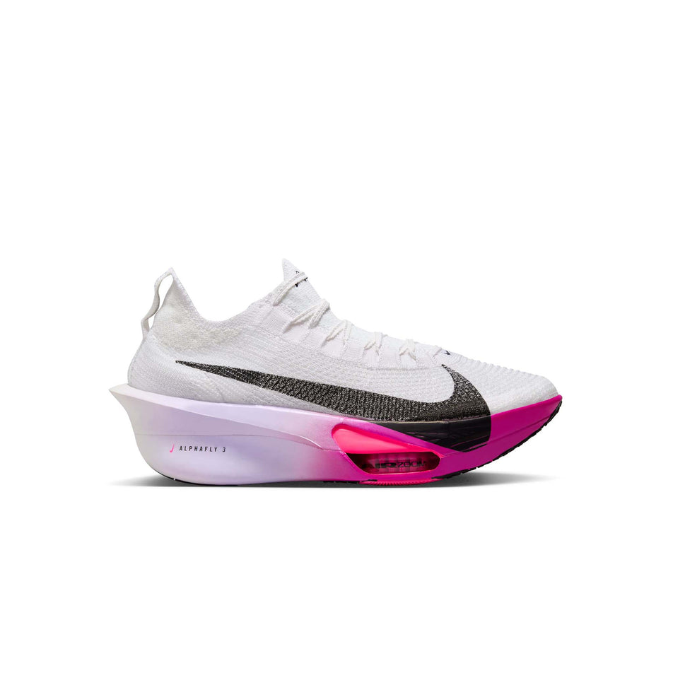 Lateral side of the right shoe from a pair of Nike Women's Alphafly 3 Road Racing Shoes in the White/Black-Purple Agate-Vivid Grape colourway. (8472176656546)