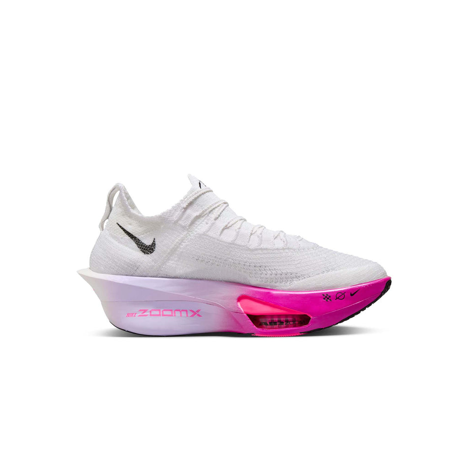 Medial side of the left shoe from a pair of Nike Women's Alphafly 3 Road Racing Shoes in the White/Black-Purple Agate-Vivid Grape colourway. (8472176656546)