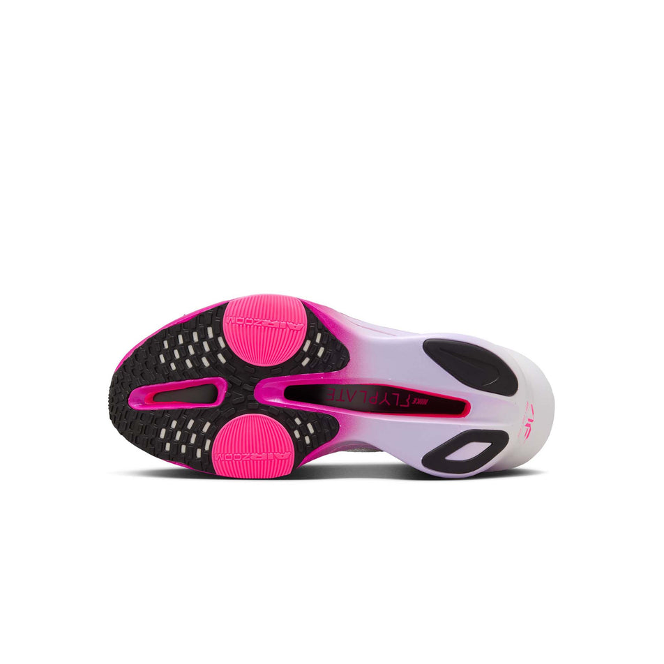 Outsole of the left shoe from a pair of Nike Women's Alphafly 3 Road Racing Shoes in the White/Black-Purple Agate-Vivid Grape colourway. (8472176656546)