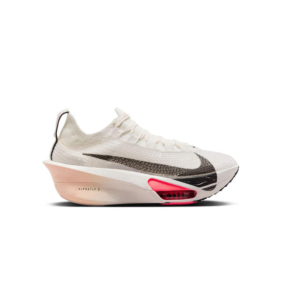 Lateral side of the right shoe from a pair of Nike Women's Alphafly 3 Road Racing Shoes in the Sail/Black-Crimson Tint-Guava Ice colourway. (8503107453090)