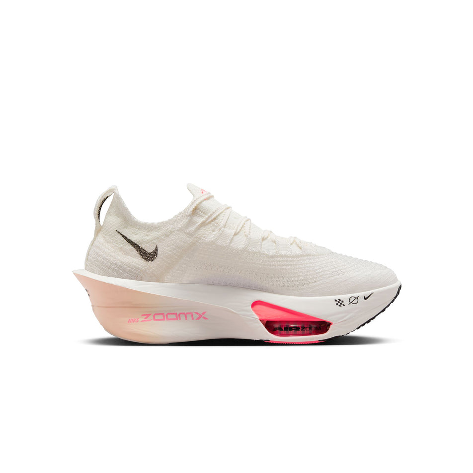 Medial side of the left shoe from a pair of Nike Women's Alphafly 3 Road Racing Shoes in the Sail/Black-Crimson Tint-Guava Ice colourway. (8503107453090)