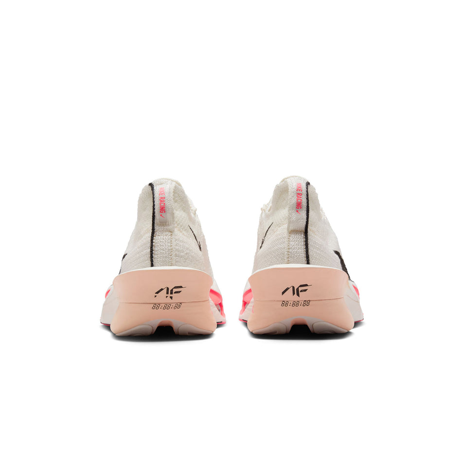 The back of a pair of Nike Women's Alphafly 3 Road Racing Shoes in the Sail/Black-Crimson Tint-Guava Ice colourway. (8503107453090)