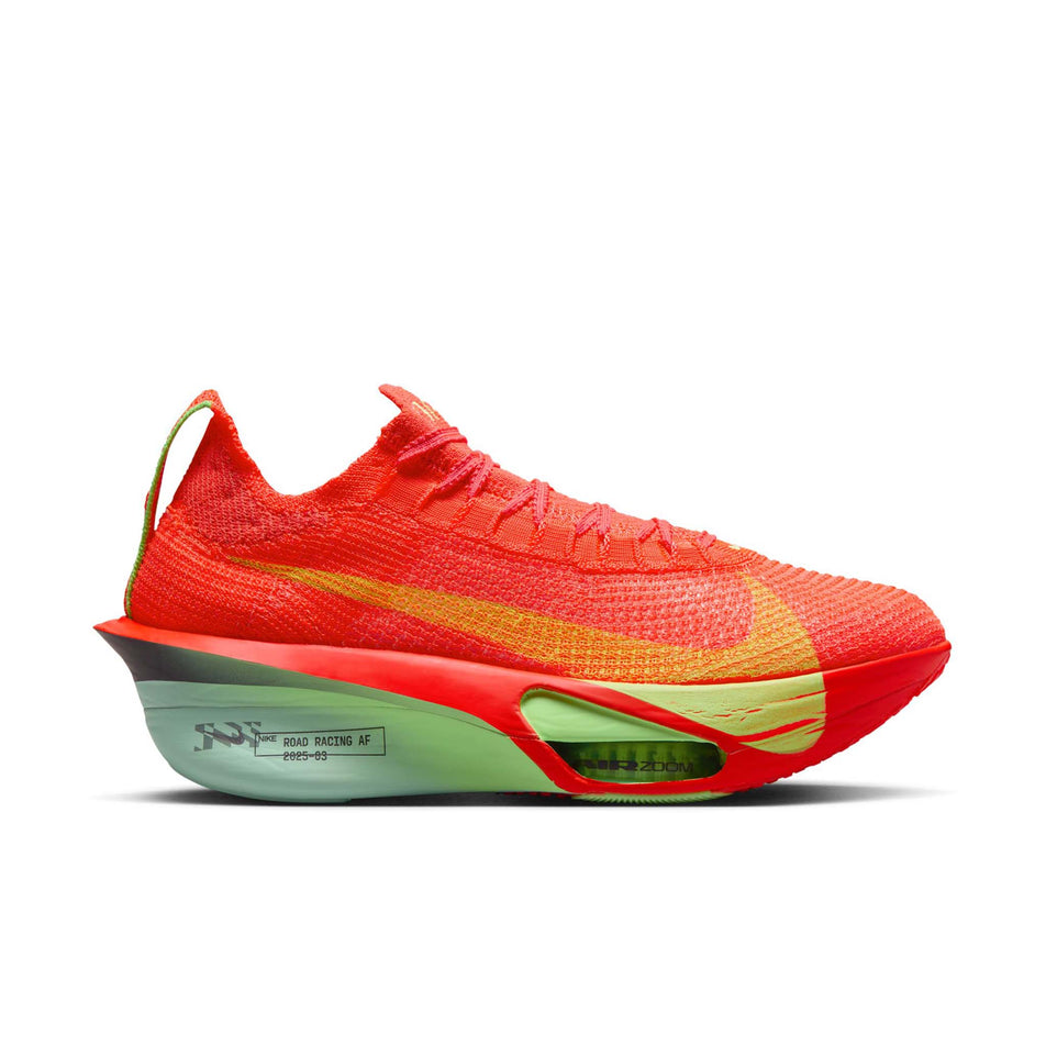 Lateral view of the right shoe from a pair of Nike Women's Alphafly 3 Road Racing Shoes in the Bright Crimson/Cave Purple-Lime Blast colourway. (8574665293986)