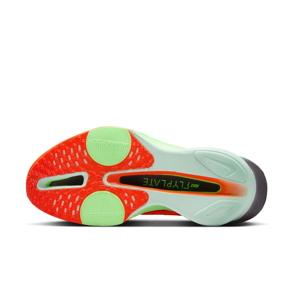 The outsole of the left shoe from a pair of Nike Women's Alphafly 3 Road Racing Shoes in the Bright Crimson/Cave Purple-Lime Blast colourway. (8574665293986)