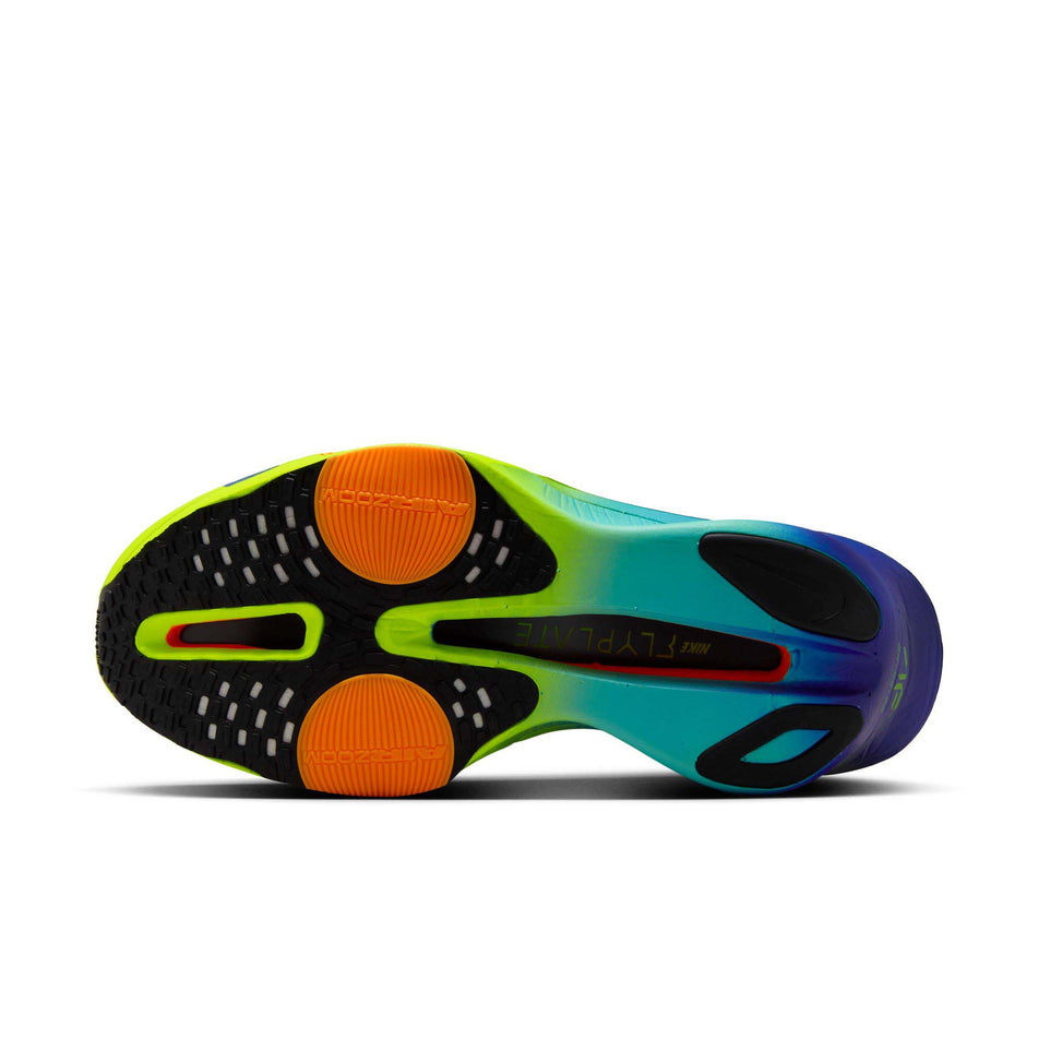 Outsole of the left shoe from a pair of Nike Women's Alphafly 3 Road Racing Shoes in the Volt/Concord-Dusty Cactus-Total Orange colourway (8185980027042)