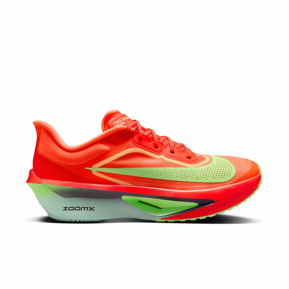 Lateral view of the right shoe from a pair of Nike Men's Zoom Fly 6 Road Running Shoes in the Bright Crimson/Cave Purple-Lime Blast colourway. (8570169393314)