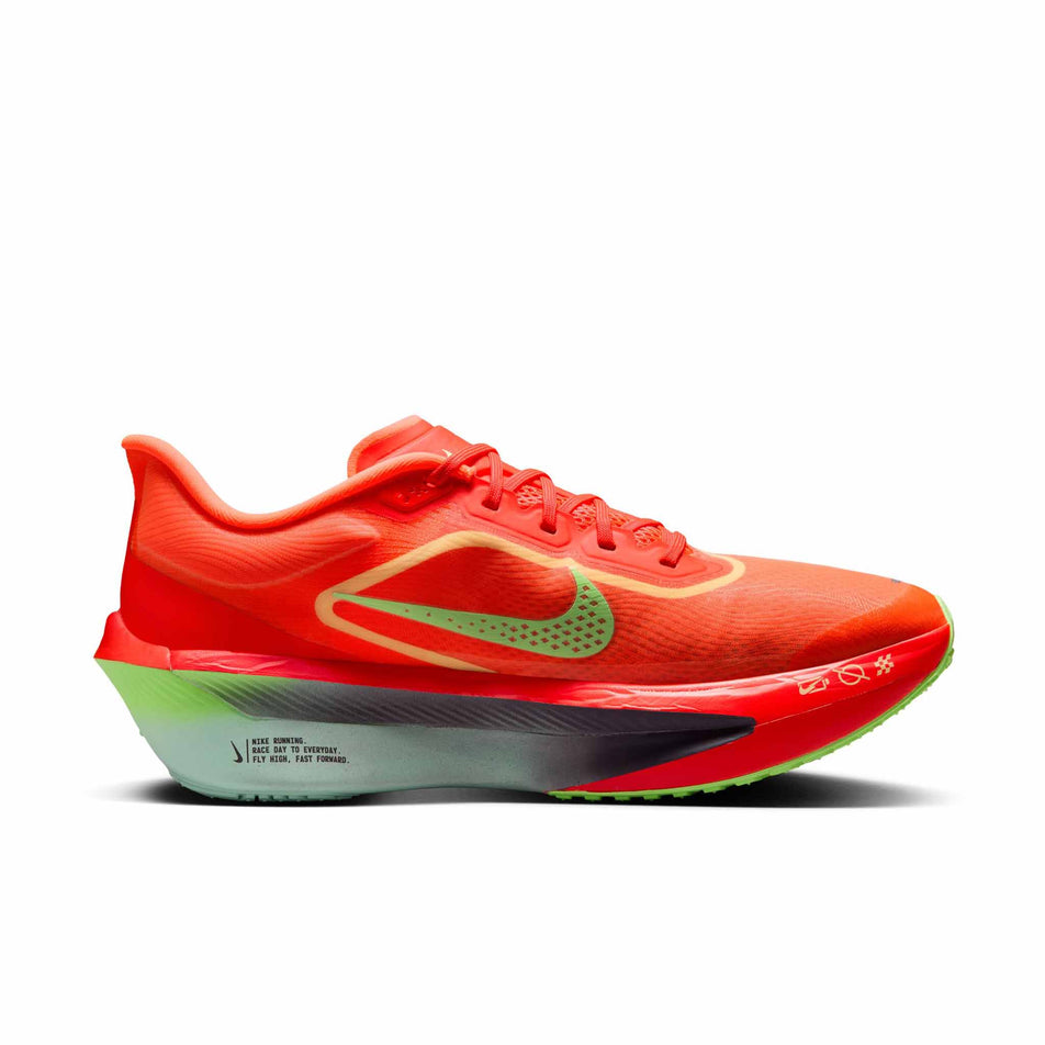 Medial view of the left shoe from a pair of Nike Men's Zoom Fly 6 Road Running Shoes in the Bright Crimson/Cave Purple-Lime Blast colourway. (8570169393314)