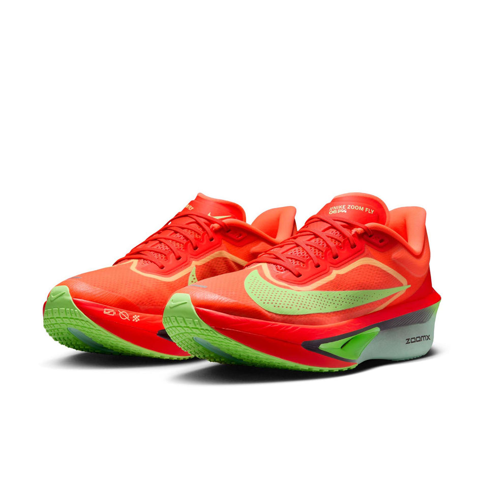 A pair of Nike Men's Zoom Fly 6 Road Running Shoes in the Bright Crimson/Cave Purple-Lime Blast colourway. (8570169393314)