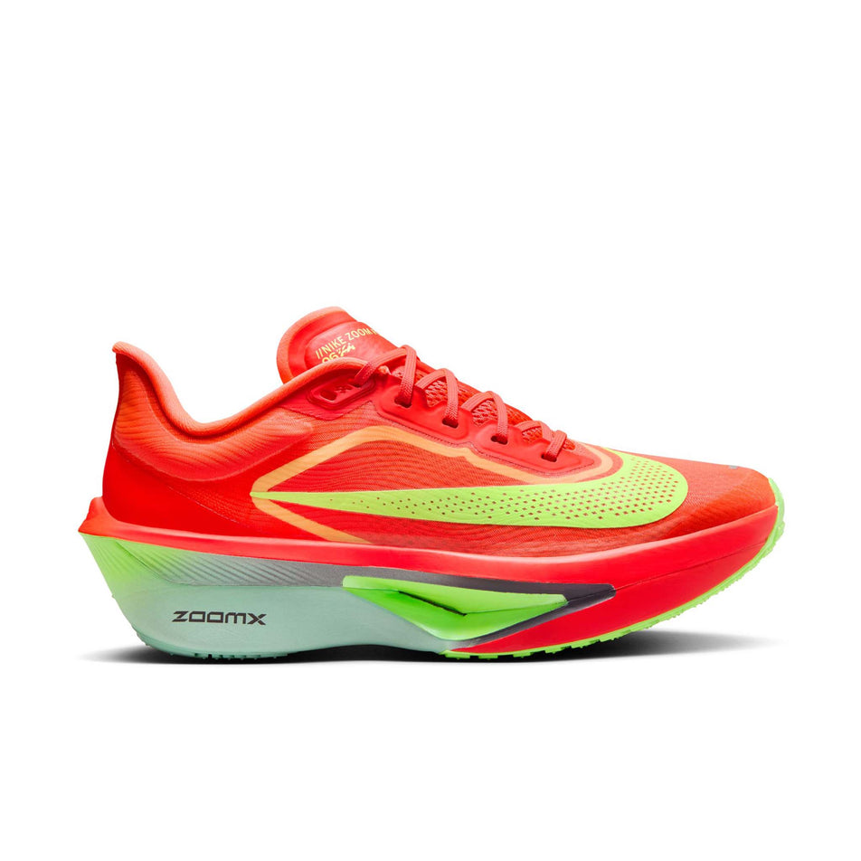 Lateral view of the right shoe from a pair of Nike Women's Zoom Fly 6 Running Shoes in the Bright Crimson/Cave Purple-Lime Blast colourway. (8571094663330)