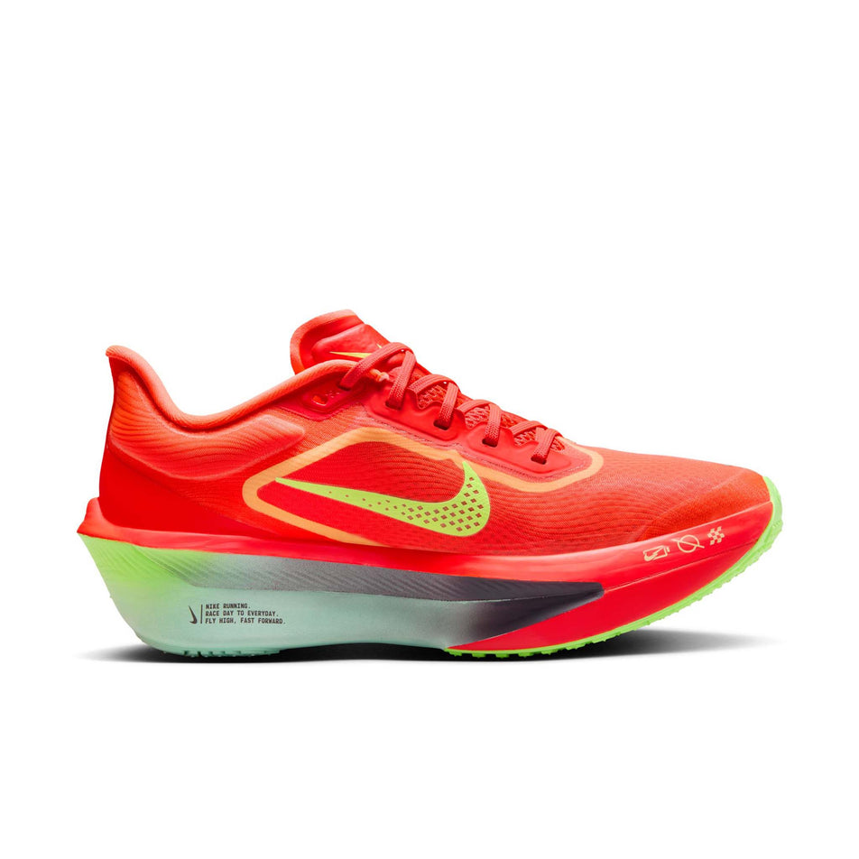 Medial view of the left shoe from a pair of Nike Women's Zoom Fly 6 Running Shoes in the Bright Crimson/Cave Purple-Lime Blast colourway. (8571094663330)