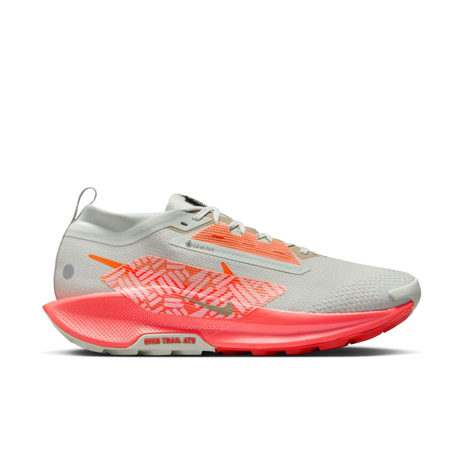 Lateral side of the right shoe from a pair of Nike Men's Pegasus Trail 5 GORE-TEX Waterproof Trail Running Shoes in the Light Silver/Hyper Crimson-Lt Wild Mango colourway. (8524547915938)