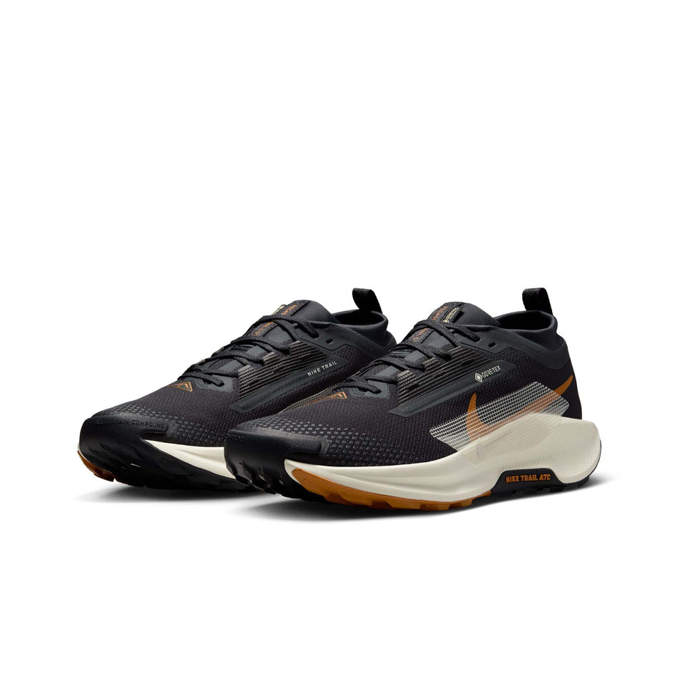 A pair of Nike Men's Pegasus Trail 5 GORE-TEX Waterproof Trail Running Shoes in the Off Noir/Pale Ivory-Black-Monarch colourway. (8558401847458)