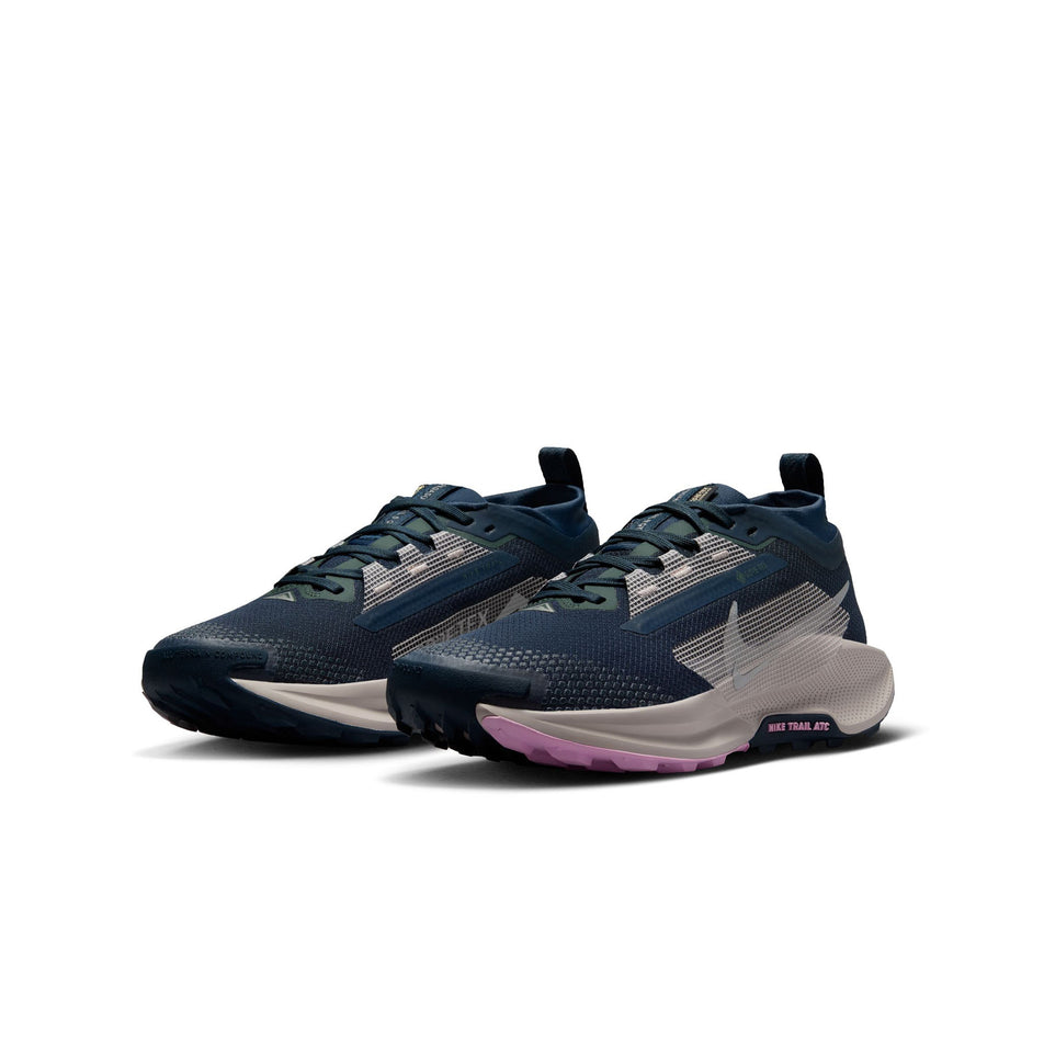 A pair of Nike Women's Pegasus Trail 5 GORE-TEX Waterproof Trail Running Shoes in the Armory Navy/Armory Navy-Vintage Green colourway. (8503772643490)