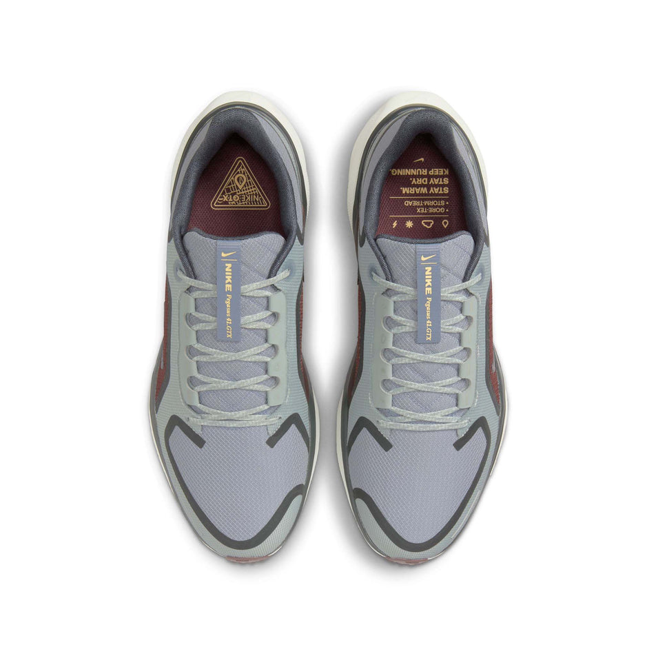 The uppers on a pair of Nike Men's Pegasus 41 GORE-TEX Waterproof Road Running Shoes in the Light Pumice/Ashen Slate-Burgundy Crush colourway. (8524543688866)