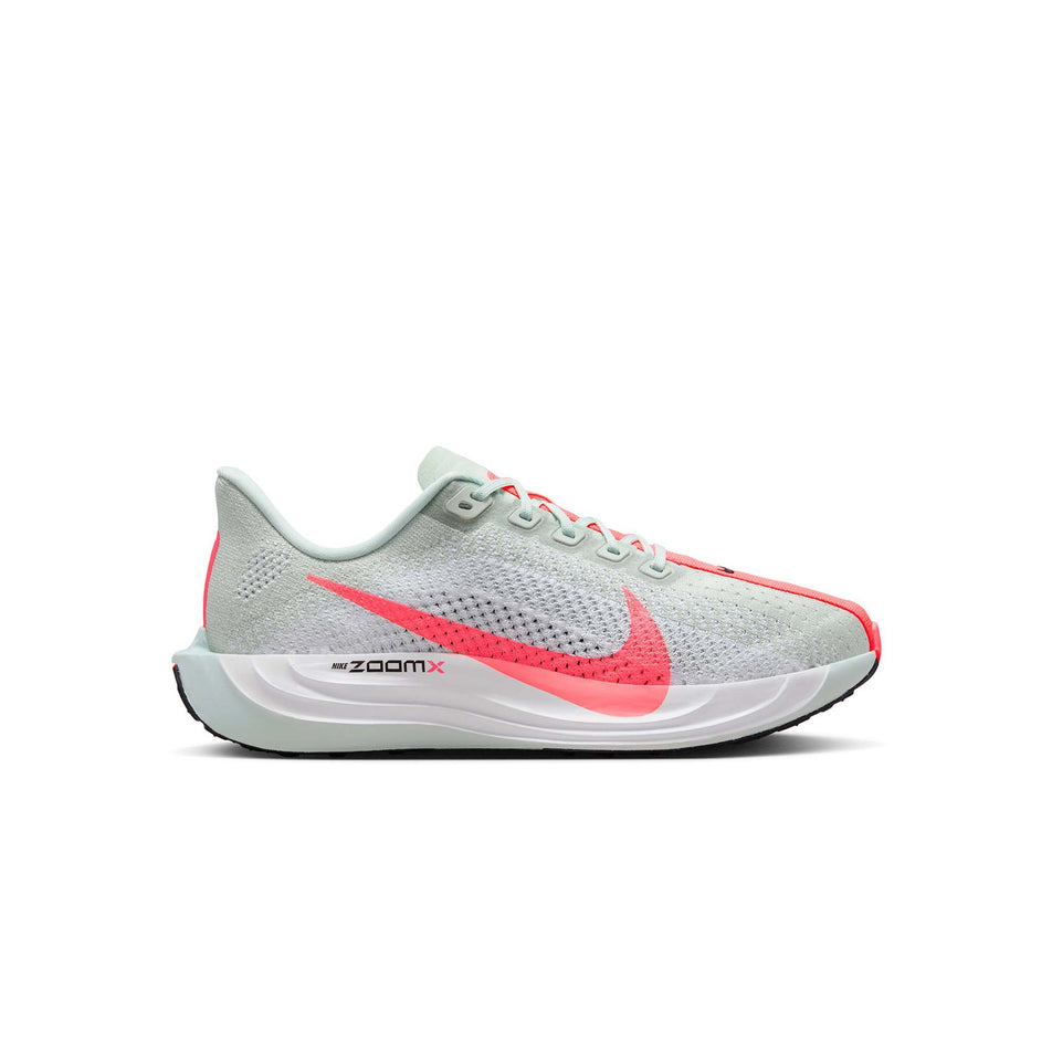 Lateral side of the right shoe from a pair of Nike Women's Pegasus Plus Road Running Shoes in the Barely Grey/Hot Punch-White-Black colourway (8449371963554)