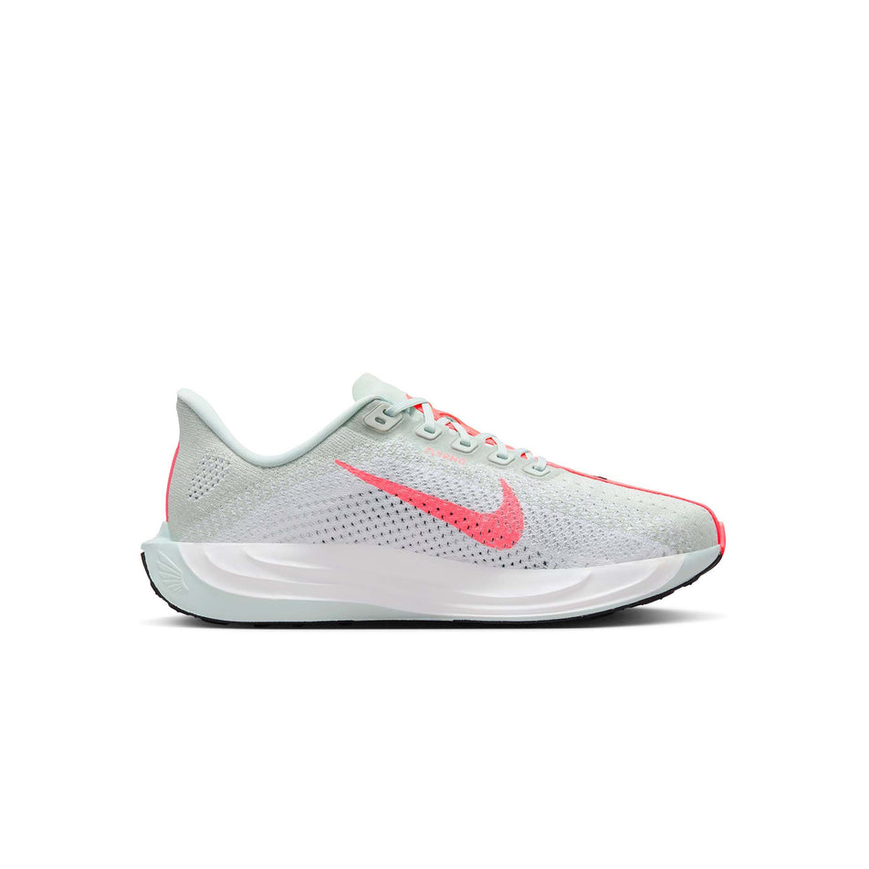 Medial side of the left shoe from a pair of Nike Women's Pegasus Plus Road Running Shoes in the Barely Grey/Hot Punch-White-Black colourway (8449371963554)