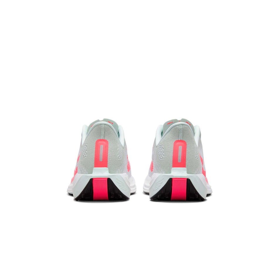 The back of a pair of Nike Women's Pegasus Plus Road Running Shoes in the Barely Grey/Hot Punch-White-Black colourway (8449371963554)