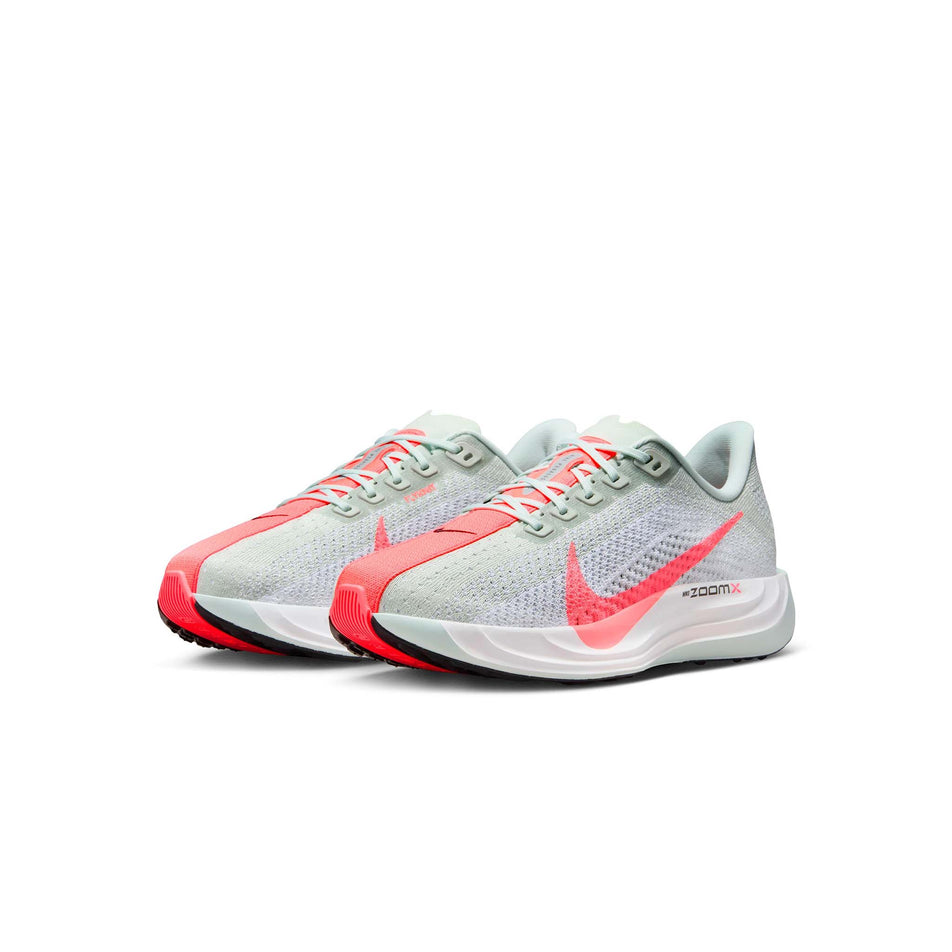 A pair of Nike Women's Pegasus Plus Road Running Shoes in the Barely Grey/Hot Punch-White-Black colourway (8449371963554)