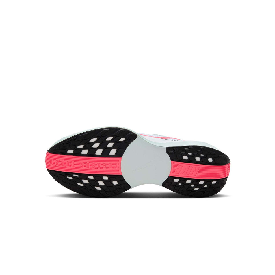 Outsole of the left shoe from a pair of Nike Women's Pegasus Plus Road Running Shoes in the Barely Grey/Hot Punch-White-Black colourway (8449371963554)