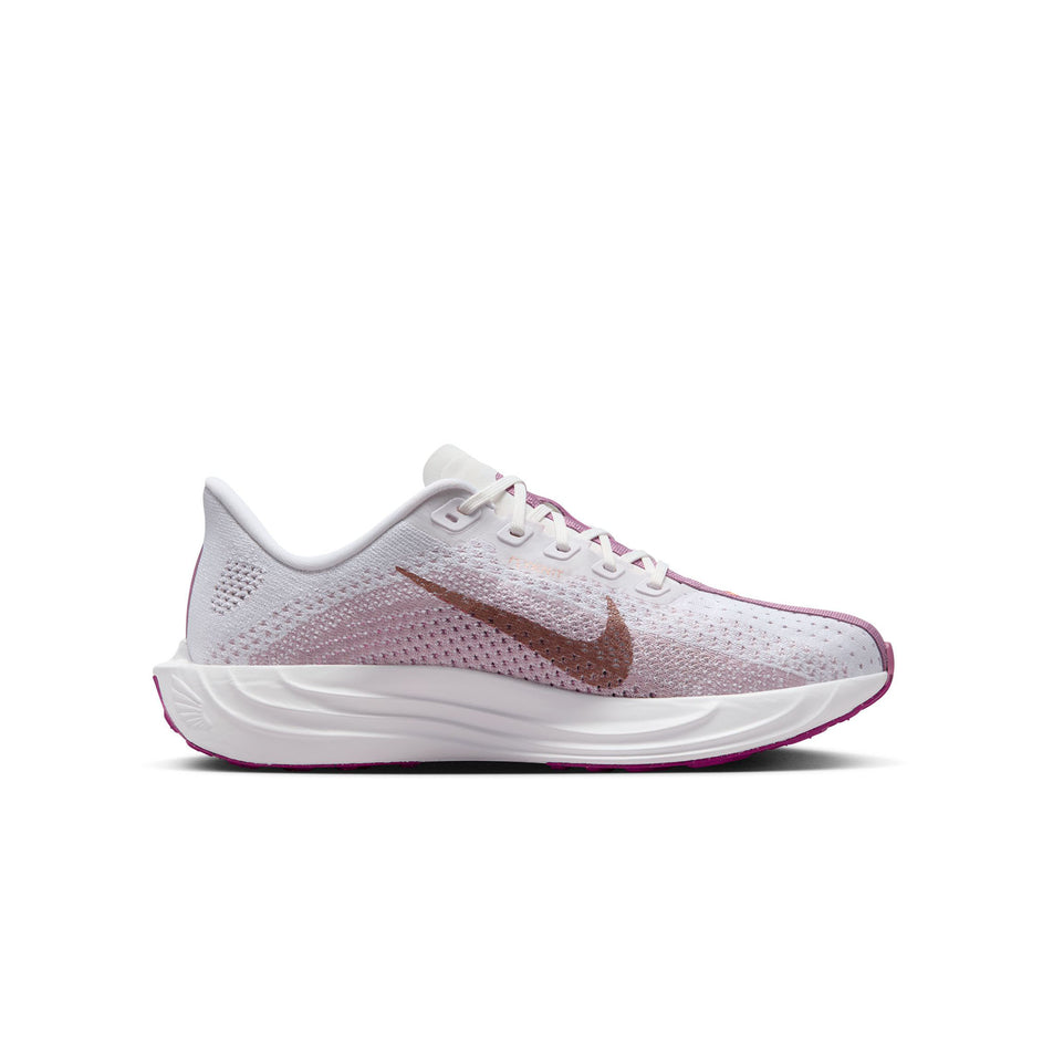 Medial side of the left shoe from a pair of Nike Women's Pegasus Plus Road Running Shoes in the White/Mtlc Red Bronze-Platinum Violet colourway. (8503170465954)