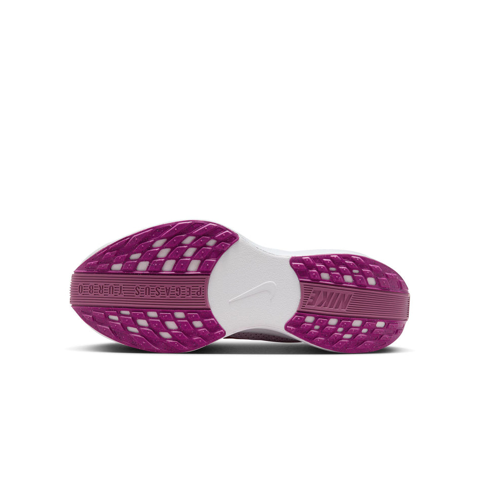 The outsole on the left shoe from a pair of Nike Women's Pegasus Plus Road Running Shoes in the White/Mtlc Red Bronze-Platinum Violet colourway. (8503170465954)