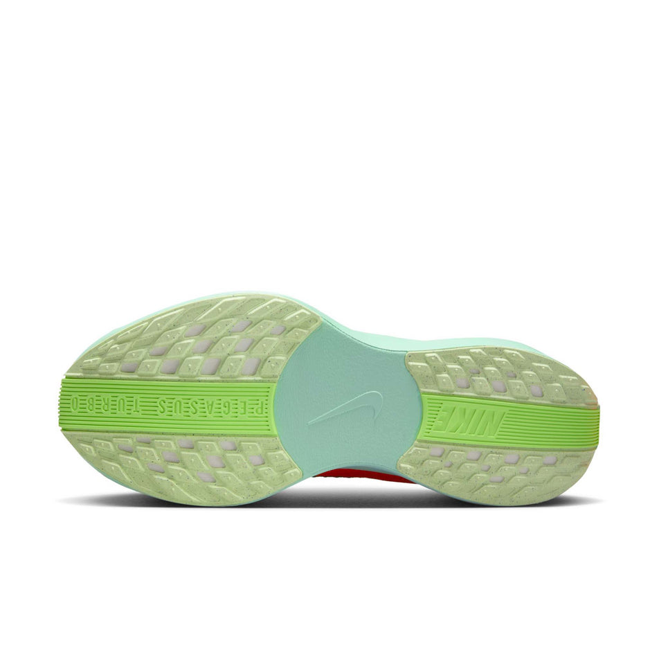 The outsole of the left shoe from a pair of Nike Women's Pegasus Plus Road Running Shoes in the Bright Crimson/Cave Purple-Lime Blast colourway. (8571107115170)