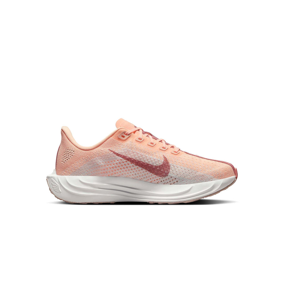 Medial side of the left shoe from a pair of Nike Women's Pegasus Plus Road Running Shoes in the Crimson Tint/White-Pure Platinum colourway (8449389166754)