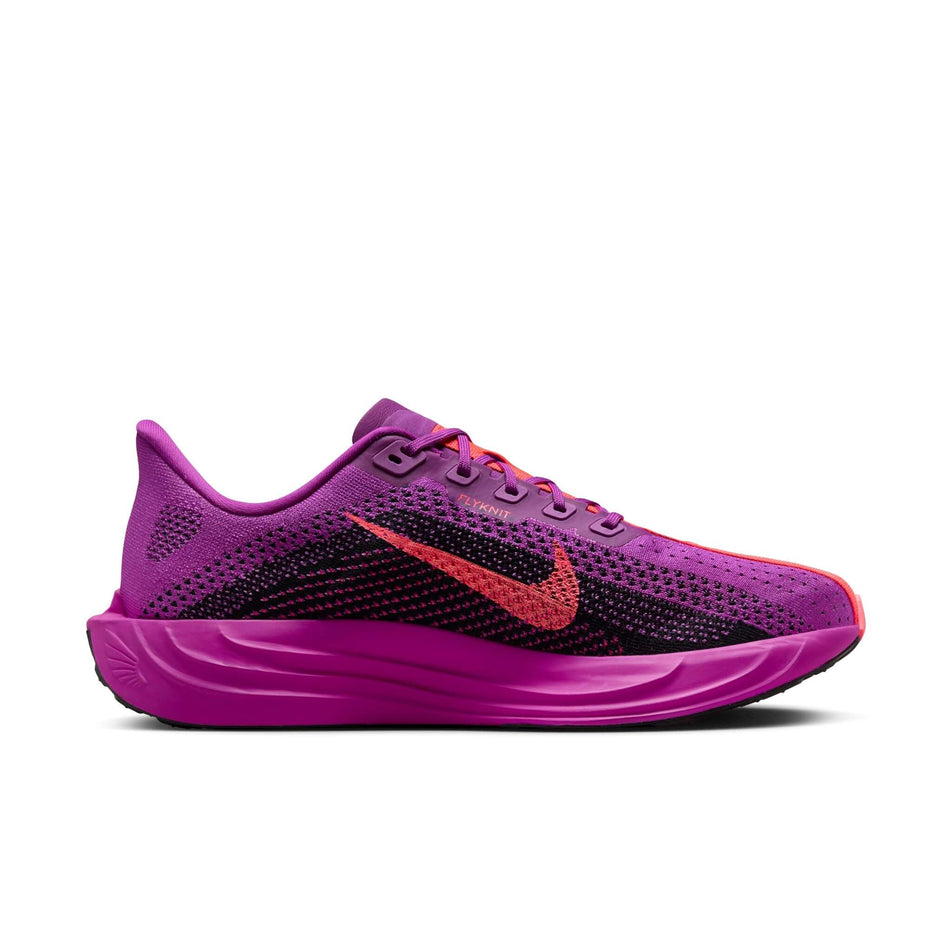 Medial side of the left shoe from a pair of Nike Men's Pegasus Plus Road Running Shoes in the Vivid Purple/Hot Punch-Black colourway. (8502219440290)