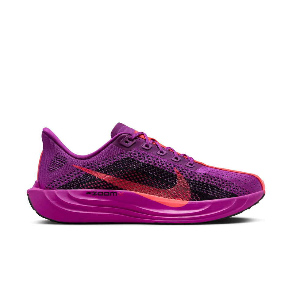 Lateral side of the right shoe from a pair of Nike Men's Pegasus Plus Road Running Shoes in the Vivid Purple/Hot Punch-Black colourway. (8502219440290)