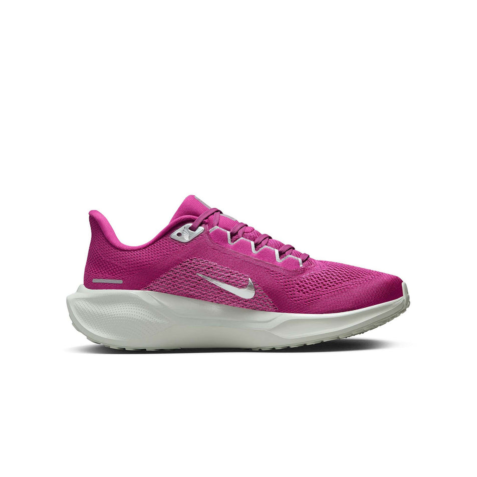 Medial side of the left shoe from a pair of Nike Women's Pegasus 41 Premium Road Running Shoes in the Hot Fuchsia/Metallic Silver-Light Silver colourway. (8524553912482)