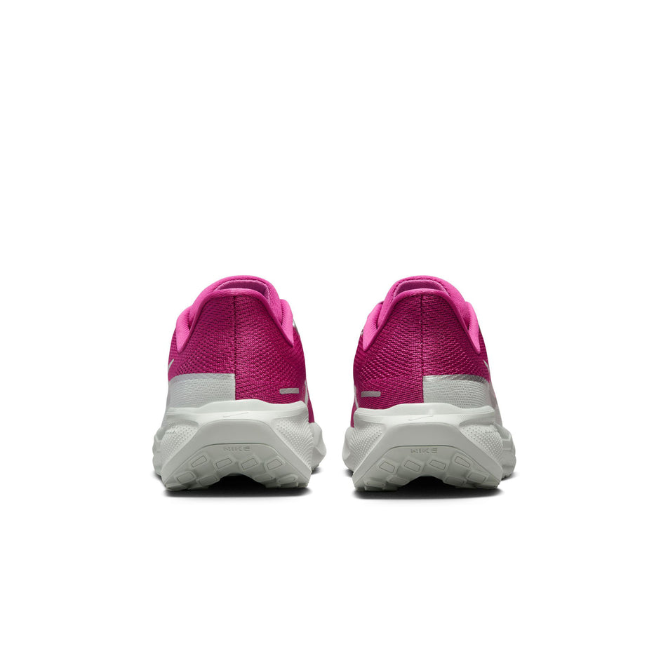 The back of a pair of Nike Women's Pegasus 41 Premium Road Running Shoes in the Hot Fuchsia/Metallic Silver-Light Silver colourway. (8524553912482)