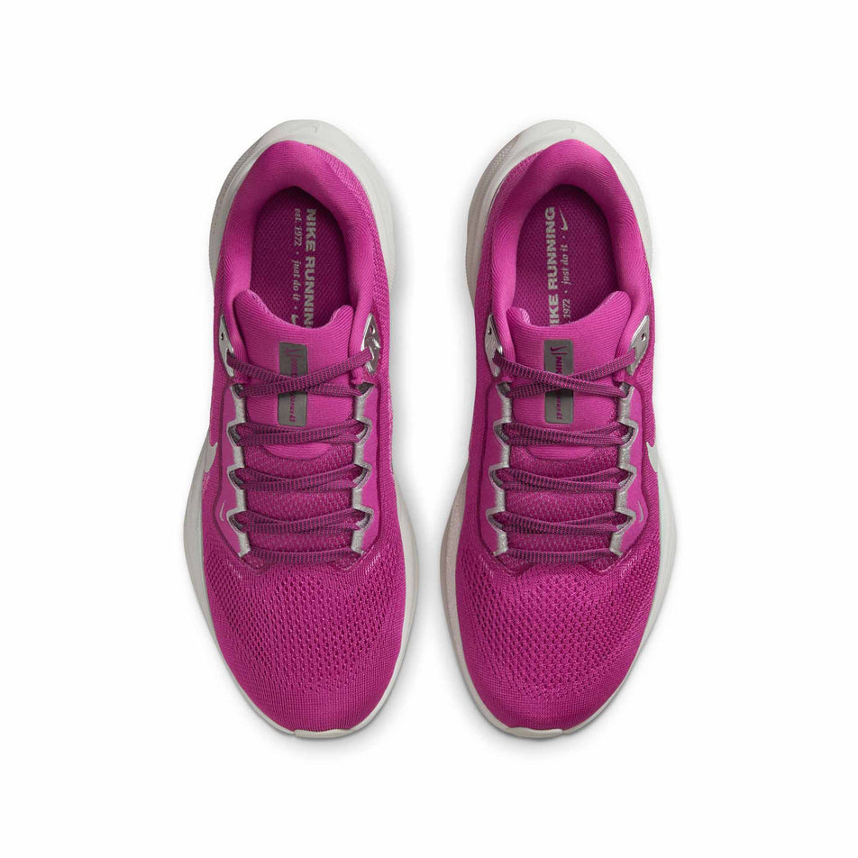 The uppers on a pair of Nike Women's Pegasus 41 Premium Road Running Shoes in the Hot Fuchsia/Metallic Silver-Light Silver colourway. (8524553912482)