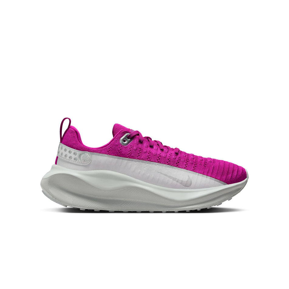 Lateral side of the right shoe from a pair of Nike Women's InfinityRN 4 Premium Road Running Shoes in the Vivid Grape/Metallic Silver-Light Silver colourway. (8524556075170)