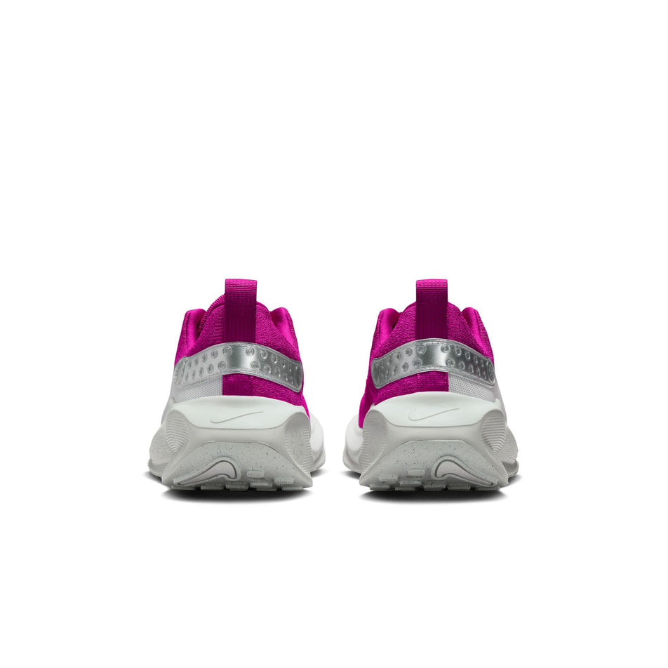 The back of a pair of Nike Women's InfinityRN 4 Premium Road Running Shoes in the Vivid Grape/Metallic Silver-Light Silver colourway. (8524556075170)