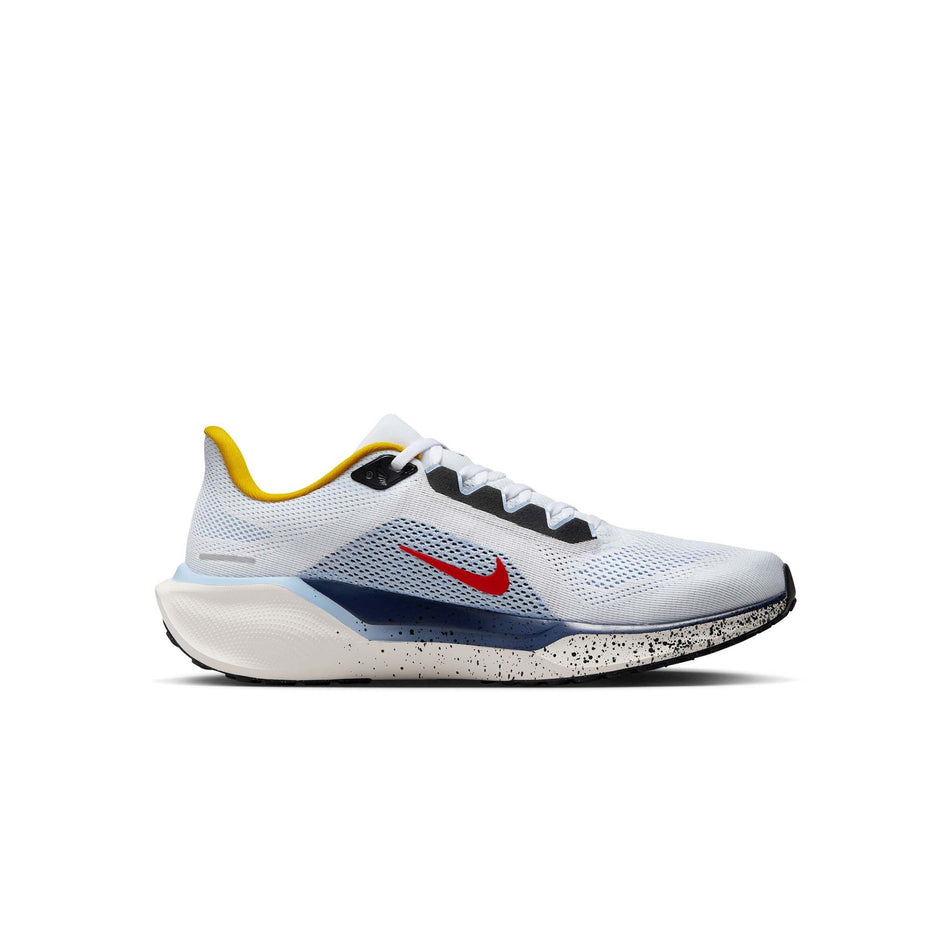 Medial side of the left shoe from a pair of Nike Men's Pegasus 41 Road Running Shoes in the White/Speed Red-Psychic Blue colourway (8444019146914)