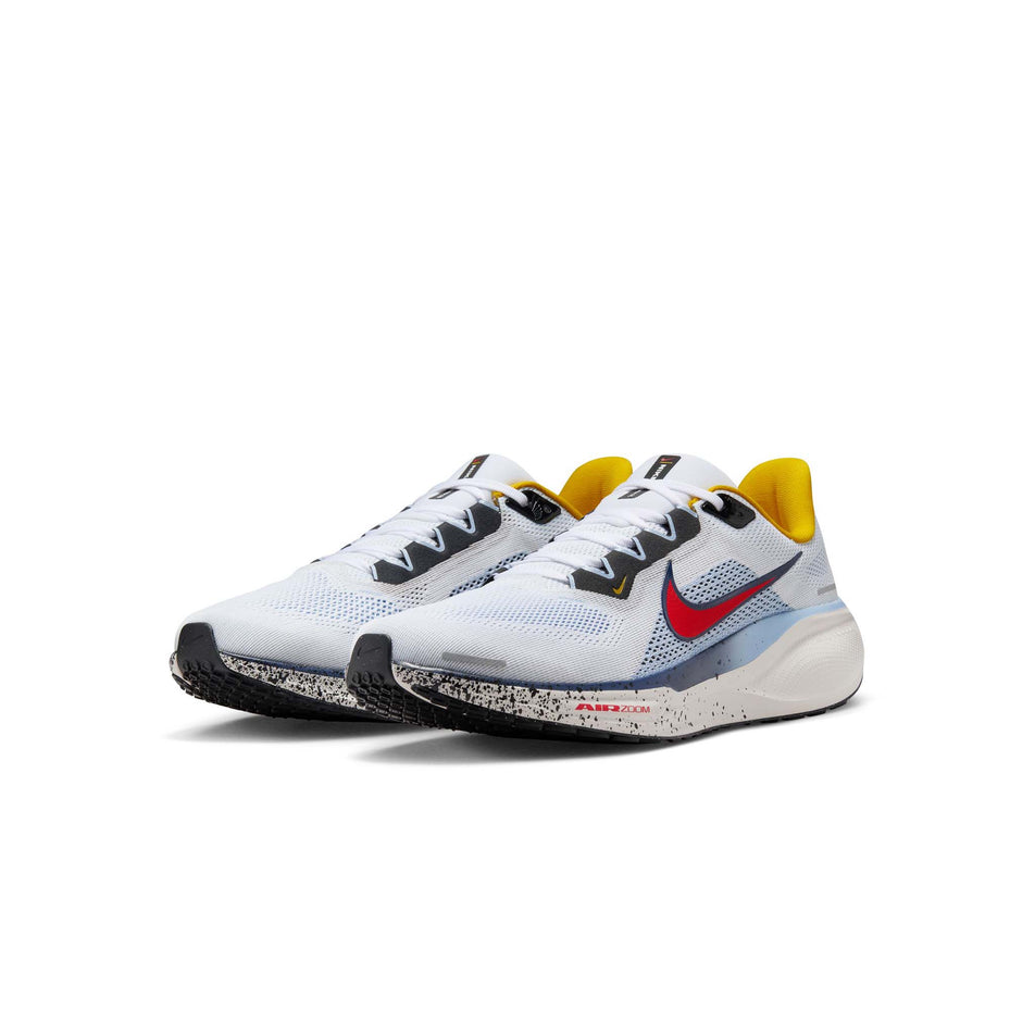 A pair of Nike Men's Pegasus 41 Road Running Shoes in the White/Speed Red-Psychic Blue colourway (8444019146914)