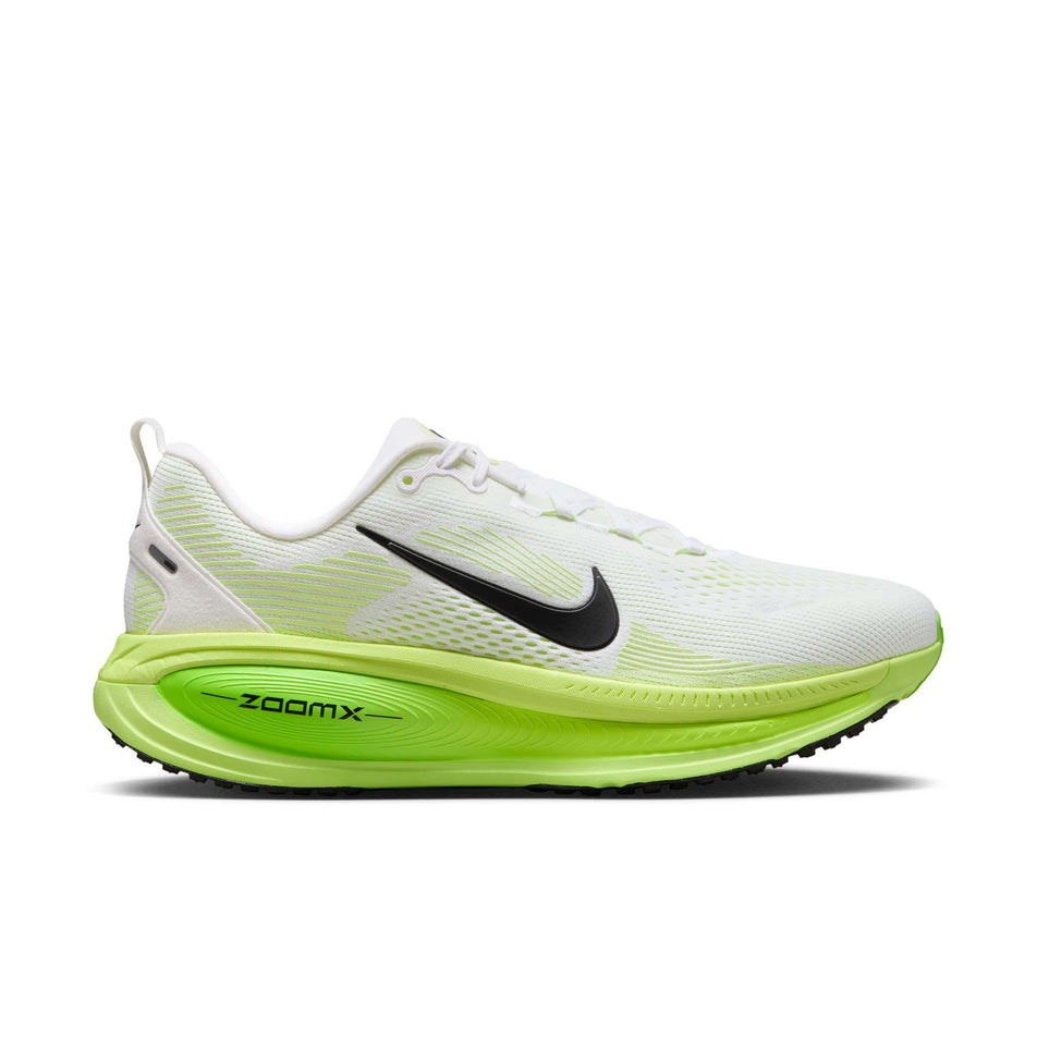 Lateral view of the right shoe from a pair of Nike Men's Vomero 18 Road Running Shoes in the White/Black-Electric Green-Volt colourway. (8614457245858)