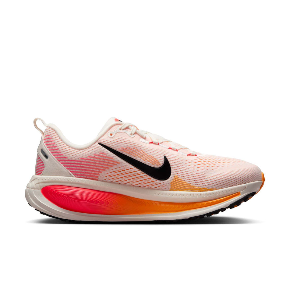 Medial view of the left shoe from a pair of Nike Women's Vomero 18 Road Running Shoes in the Sail/Black-Bright Crimson-Laser Orange colourway. (8574700945570)