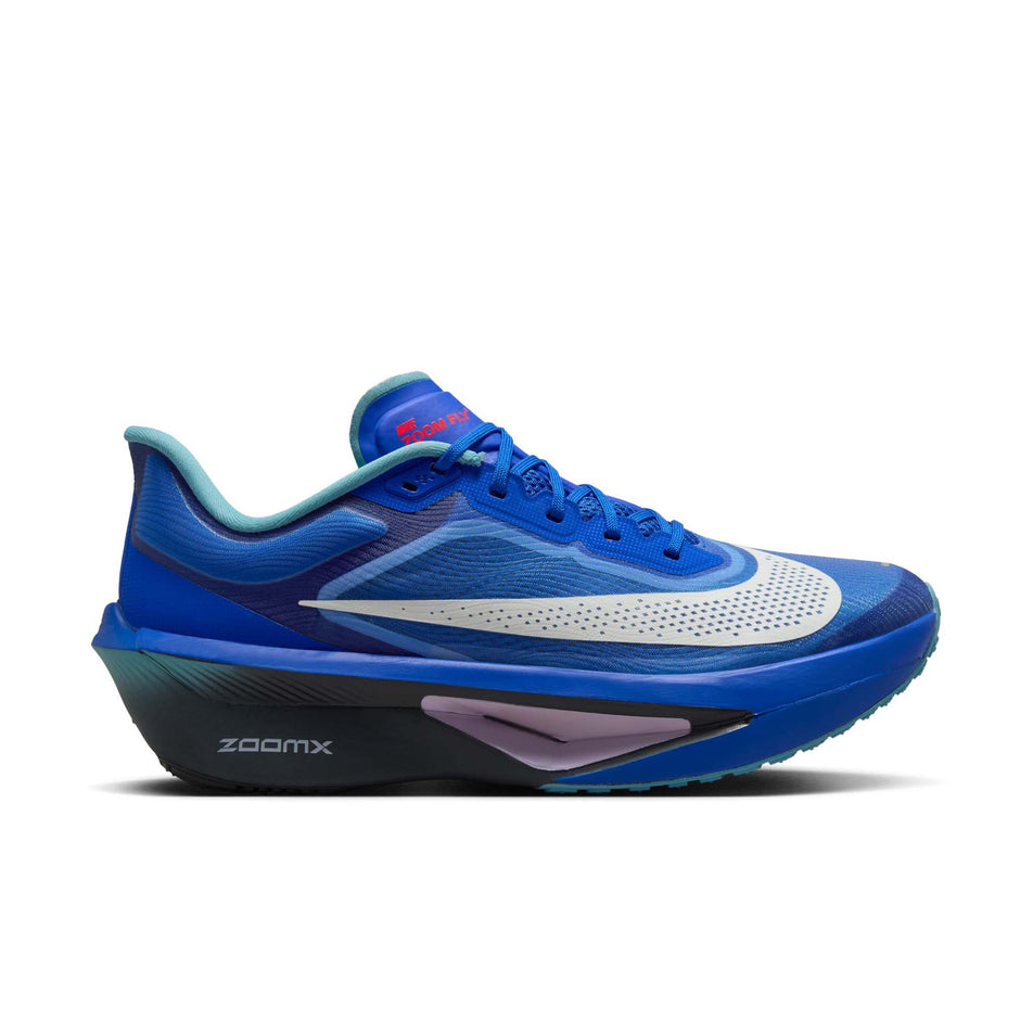 Lateral view of the right shoe from a pair of Nike Men's Zoom Fly 6 Running Shoes in the Racer Blue/Sail-Denim Turquoise-Doll colourway.  (8570174898338)