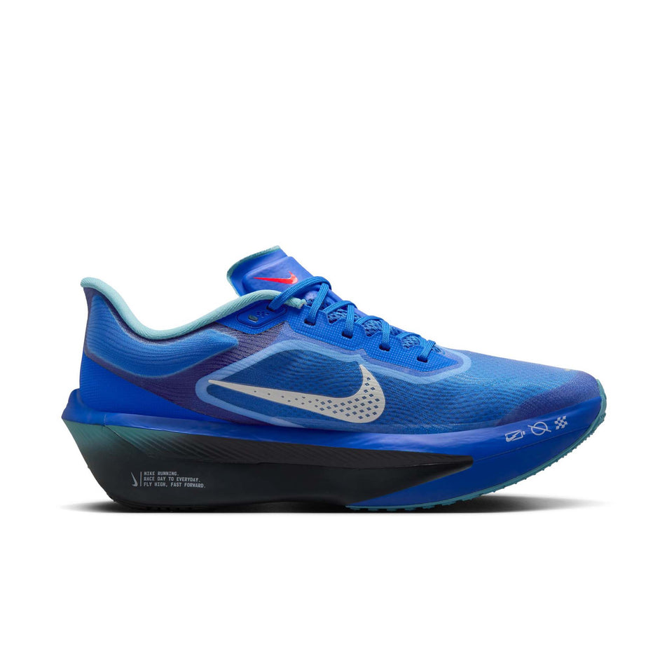 Medial view of the left shoe from a pair of Nike Men's Zoom Fly 6 Running Shoes in the Racer Blue/Sail-Denim Turquoise-Doll colourway. (8570174898338)