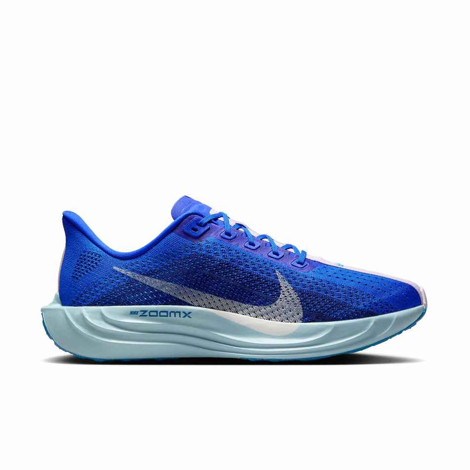 Lateral view of the right shoe from a pair of Nike Men's Pegasus Plus Road Running Shoes in the Racer Blue/Sail-Blue Void-Doll colourway.  (8570207830178)