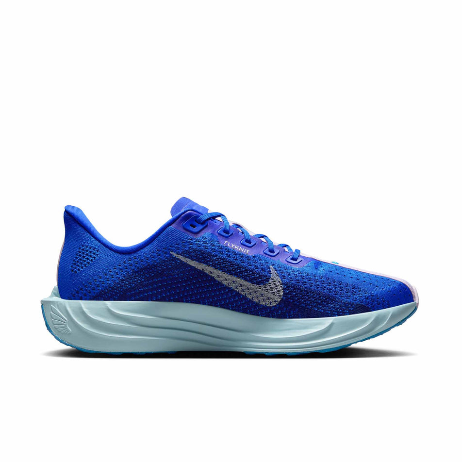 Medial view of the left shoe from a pair of Nike Men's Pegasus Plus Road Running Shoes in the Racer Blue/Sail-Blue Void-Doll colourway. (8570207830178)