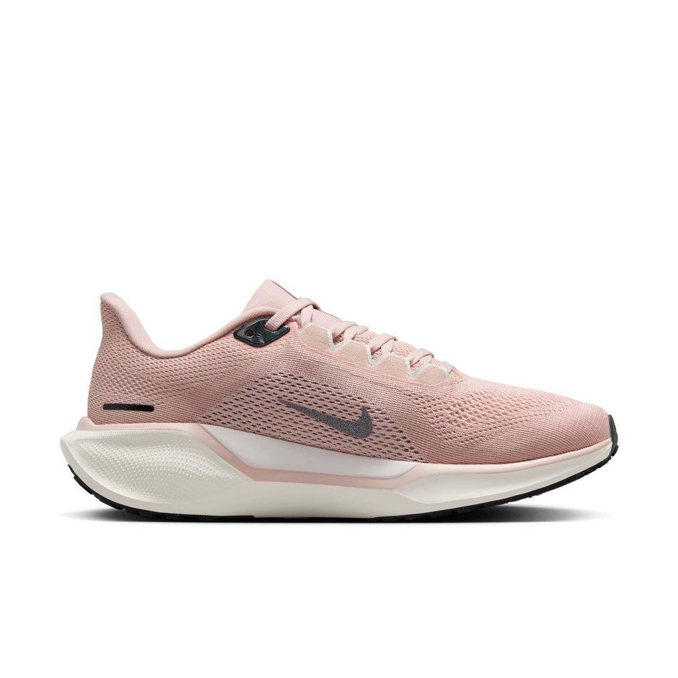 Medial view of the left shoe from a pair of Nike Women's Pegasus 41 PRM Road Running Shoes in the Pink Oxford/Anthracite-Light Soft Pink colourway. (8571100725410)