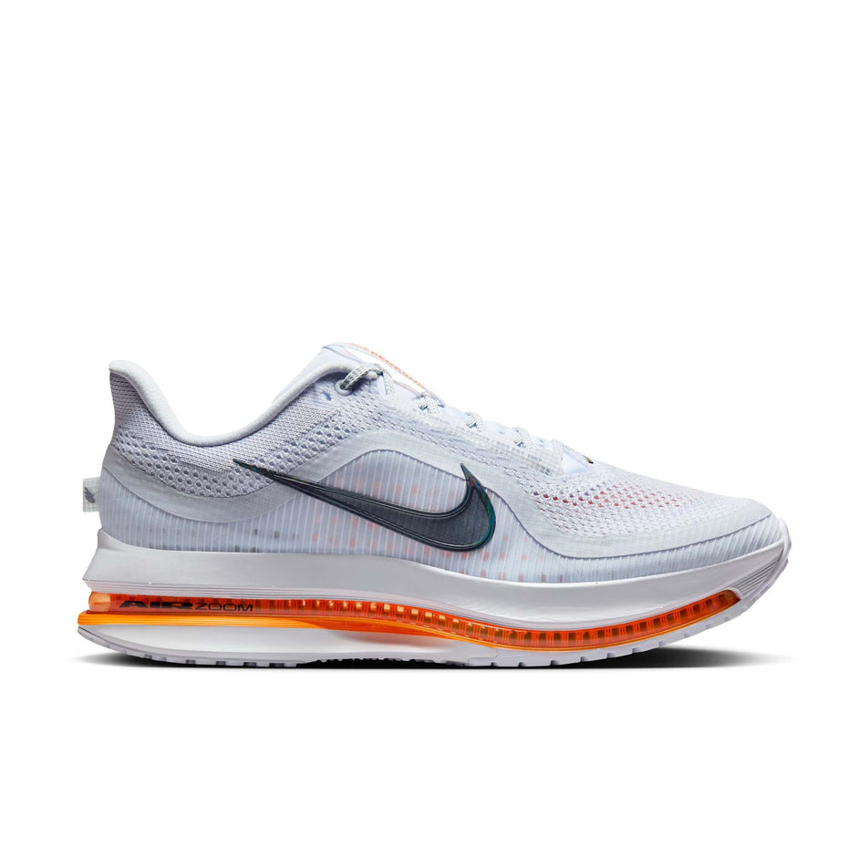 Lateral view of the right shoe from a pair of Nike Men's Pegasus Premium Road Running Shoes - Football Grey/Multi Color-Total Orange colourway. (8574562369698)