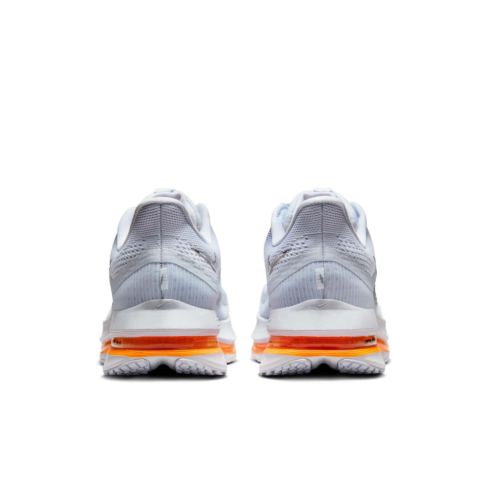 The back of pair of Nike Men's Pegasus Premium Road Running Shoes in the Football Grey/Multi Color-Total Orange colourway. (8574562369698)